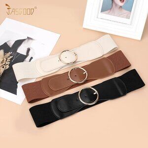 Women's wide elastic Set of 3 Belts - Black, Brown, and Cream